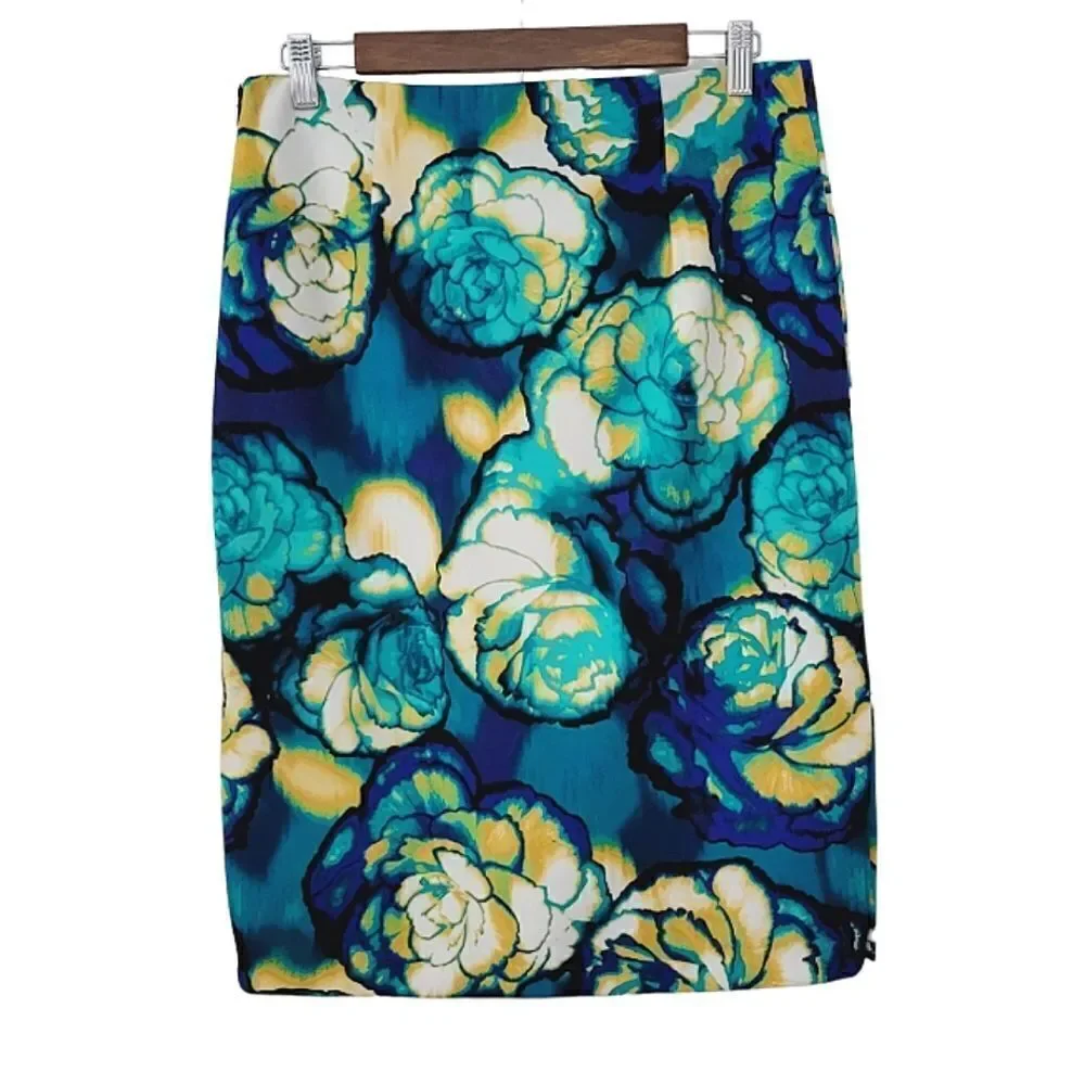 Worthington Julia Teal Floral Patterned Side Zip Pencil Skirt Size 8